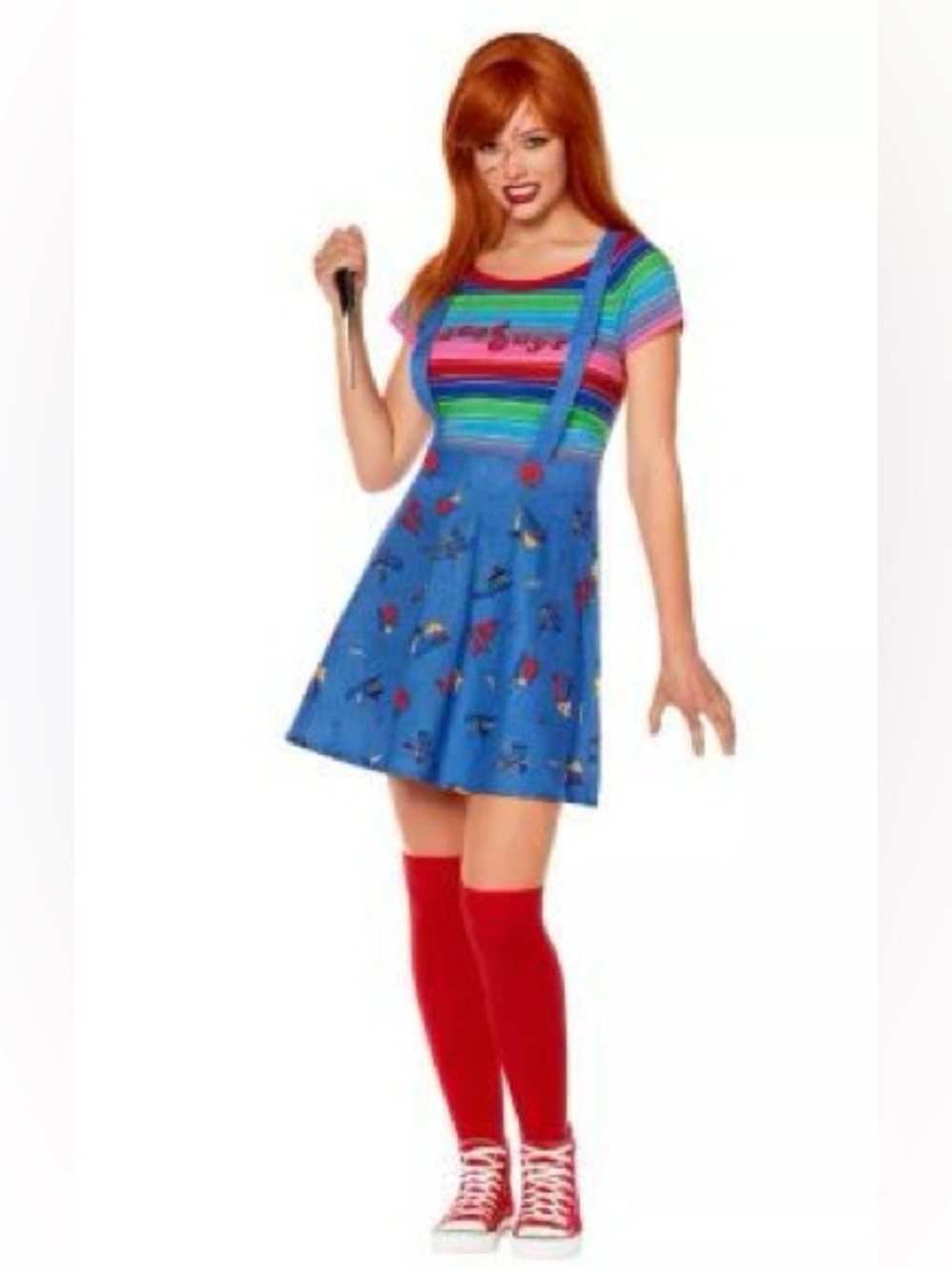 Chucky Costume Women’s Size S Skirt Shirt Stockings Wig Halloween Cosplay